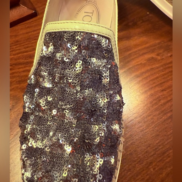 Tod's Cream Leather Silver Sequin Embellished Espadrille Loafers Size 37/7 - Picture 3 of 15